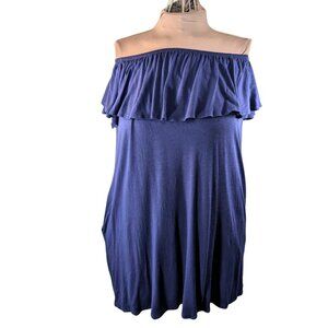 Jenny Boston Large Navy Blue Off The Shoulder Sun Dress w/Pockets